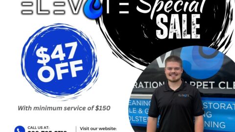 Elevate Flood Restoration and Carpet Cleaning promotional image featuring a smiling employee, $47 off special offer, and service details with a minimum purchase of $150.